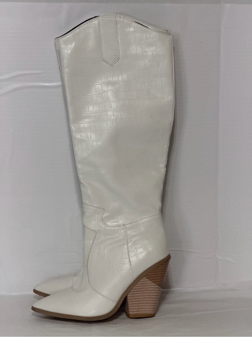 White Croc-Embossed Knee-High Western Boot with Stacked Heel